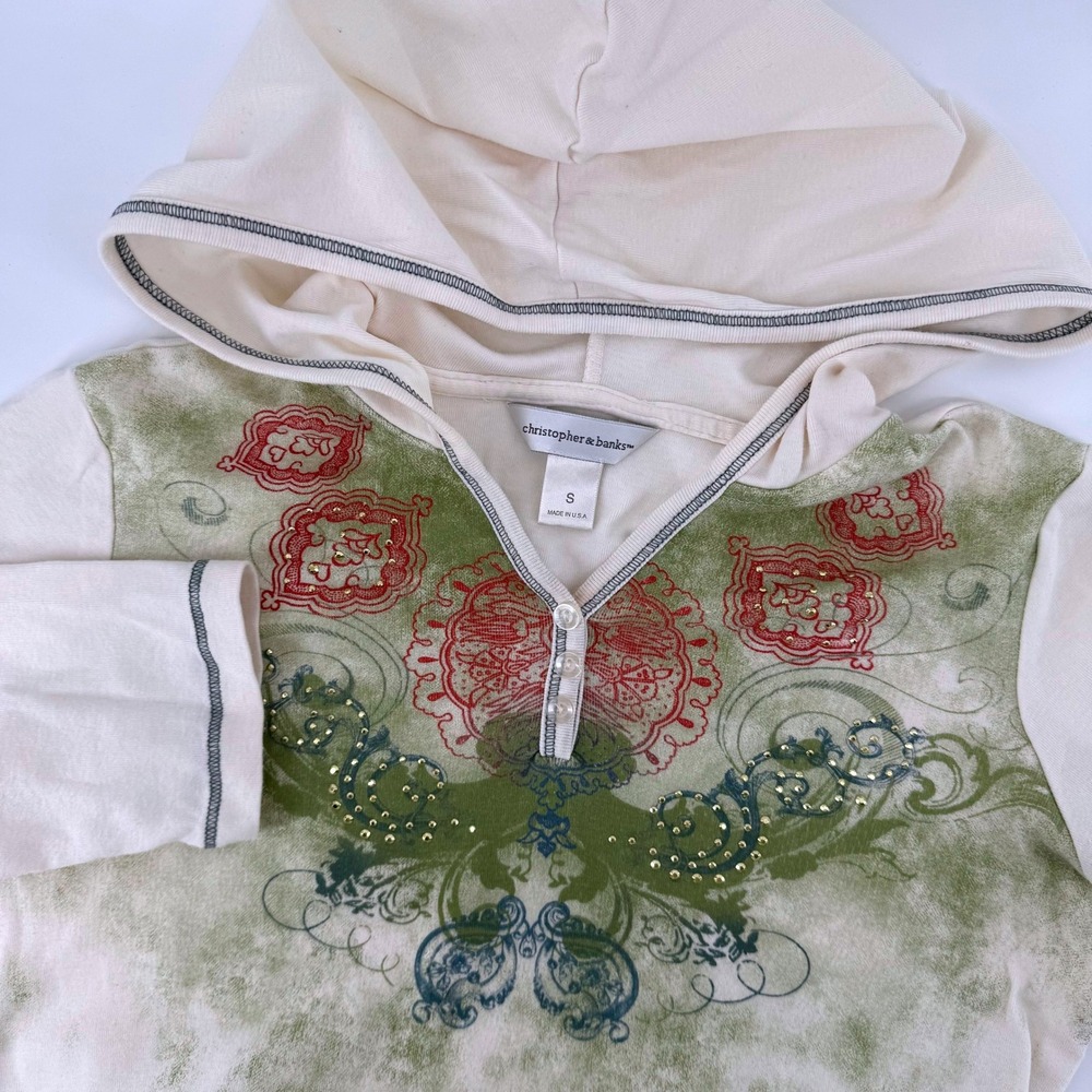 Christopher & Banks Hoodie Women Small Cream Boho Graphic Rhinestones 3/4 Sleeve